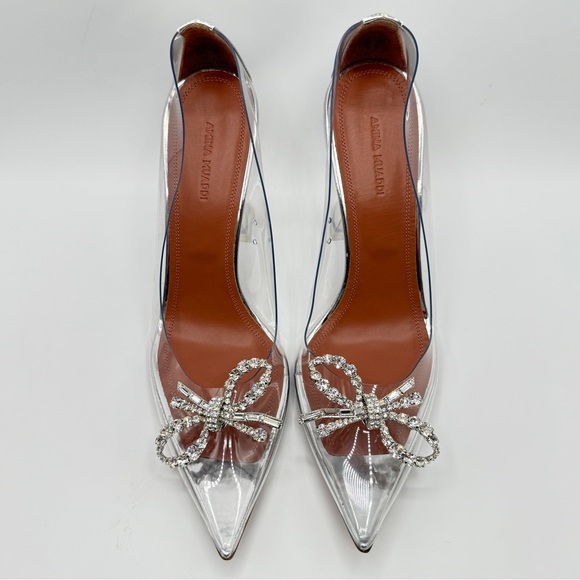 NEW Amina Muaddi Rosie Crystal Bow Embellished Clear PVC Translucent Heel Pumps - Picture 1 of 10